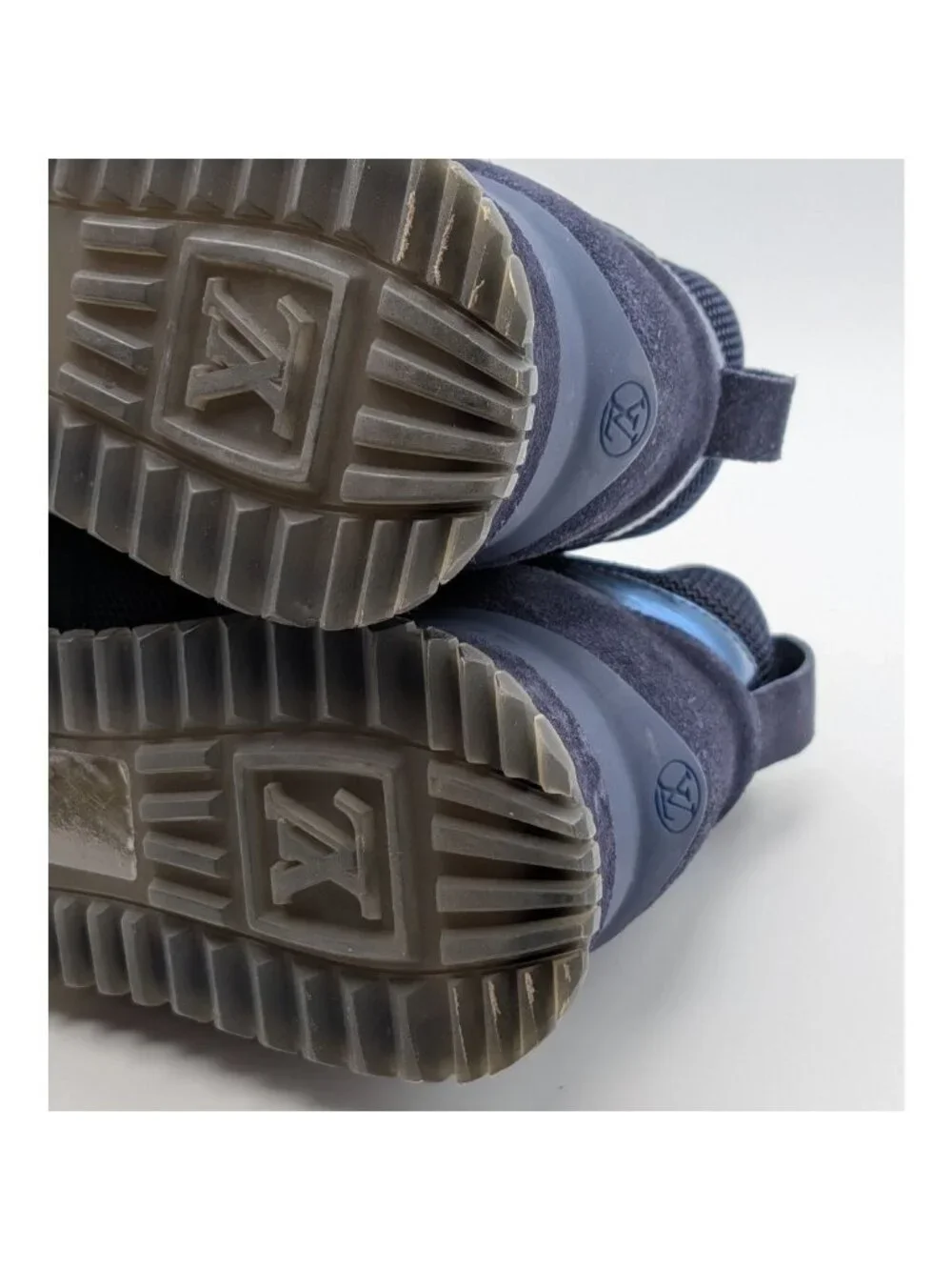 Louis Vuitton Run Away Line Navy Suede Mesh LV Logo Sneakers in Heels